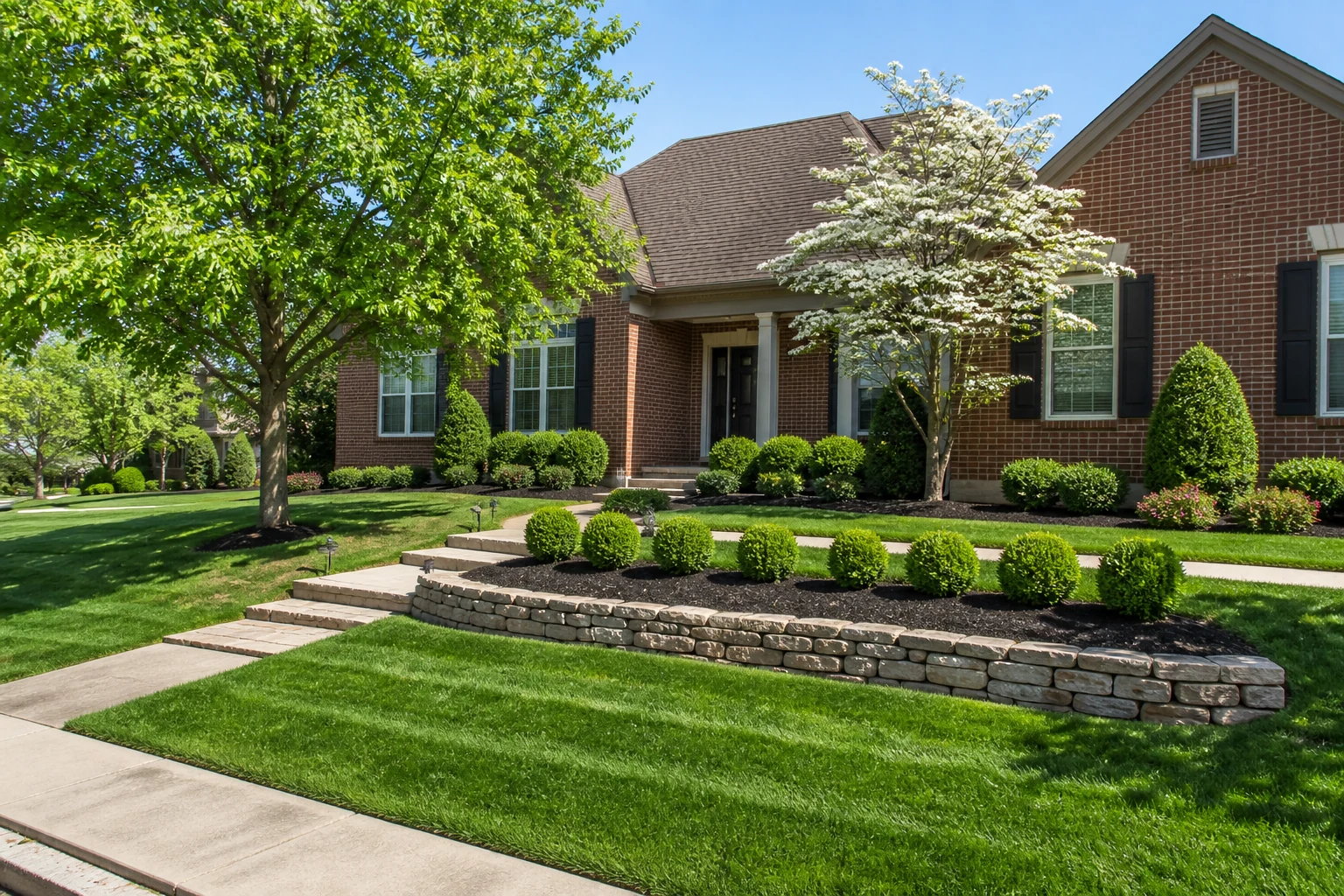 Finished front yard with stone wall, manicured lawn, and flowering tree
