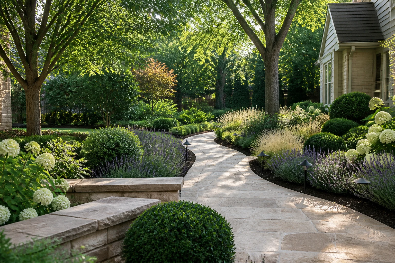 Curved stone garden path with layered shrubs and flowering plants